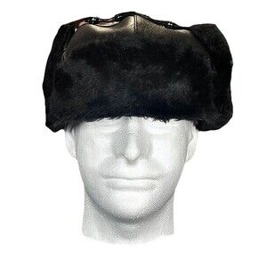 Vintage 80's Russian Soviet Style Fur Lined Leather Trapper Flap Hat Made In USA